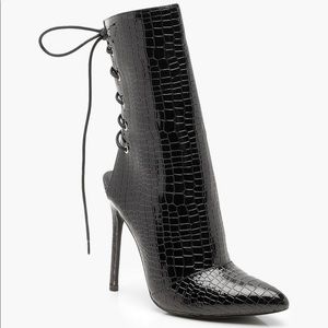 Patent Croc Effect Lace Up Back Sock Boots